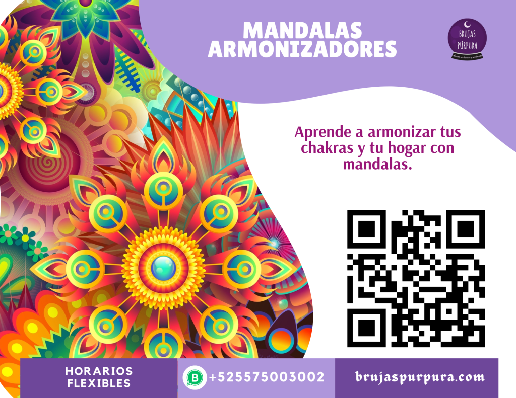 Diseño colorido de mandalas con el texto 'Mandalas Armonizadores' y una invitación a aprender sobre chakras y mandalas. Incluye un código QR y detalles de contacto.