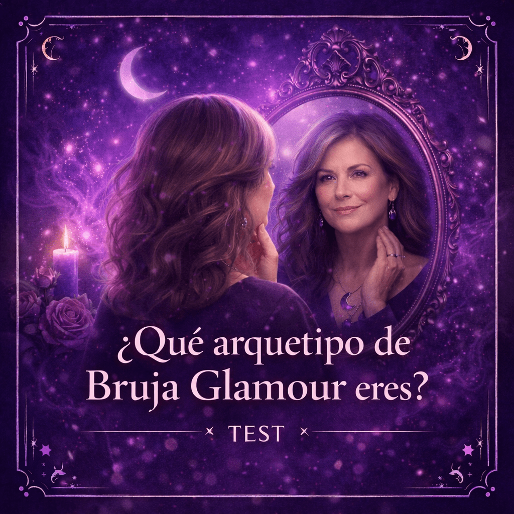 Mujer madura mirándose en un espejo mágico rodeado de energía púrpura, luna creciente y velas, con el texto “¿Qué arquetipo de Bruja Glamour eres? – Test”.