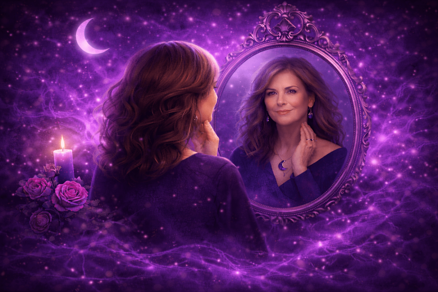 Mujer madura mirándose en un espejo mágico rodeado de energía púrpura, luna creciente y velas, con el texto “¿Qué arquetipo de Bruja Glamour eres? – Test”.